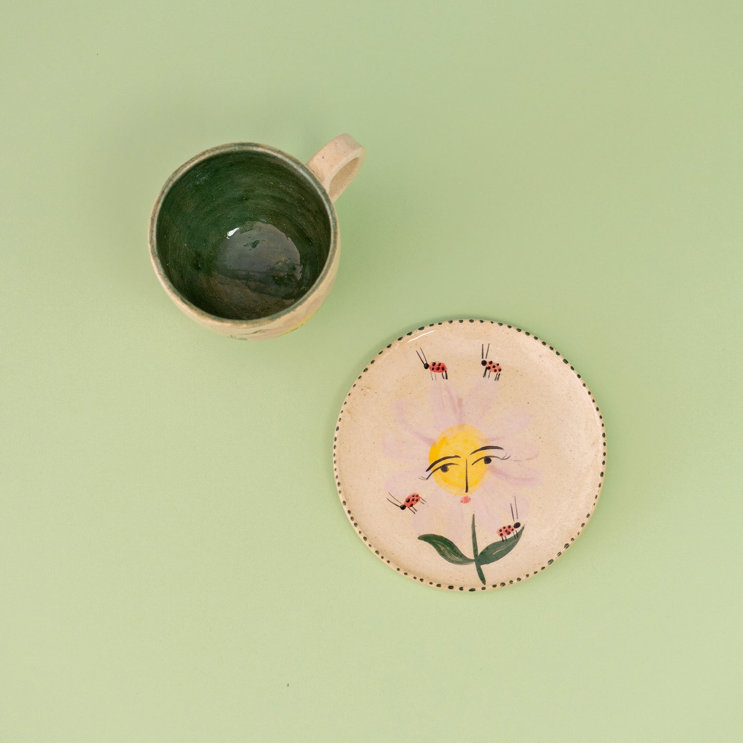 Set taza con asa " Flores rosadas + pozo verde"