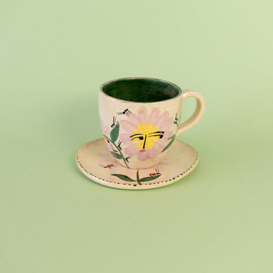 Set of cups with handles "Pink flowers + green well"