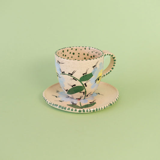 Mug set with handle "Ants walk along the path of blue flowers"