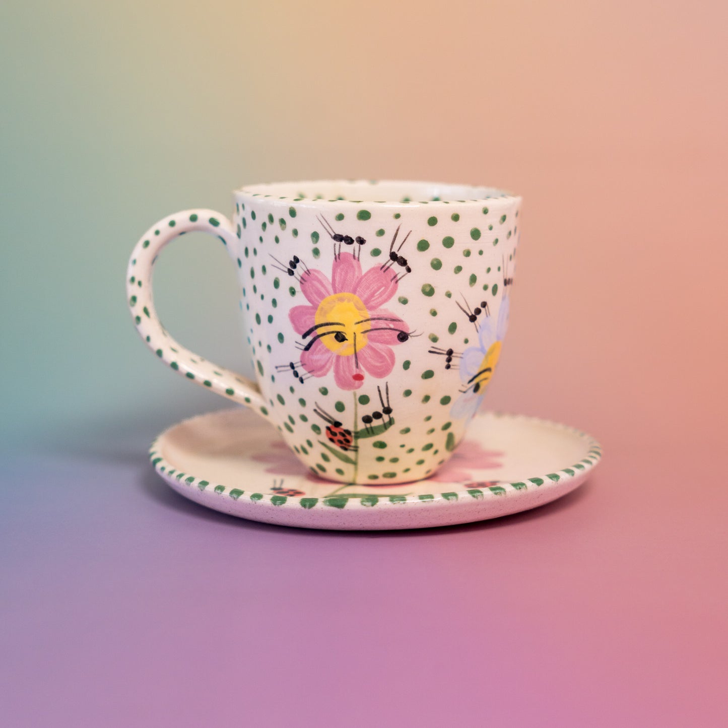 Set of cups with handles "Pink flowers + green well"