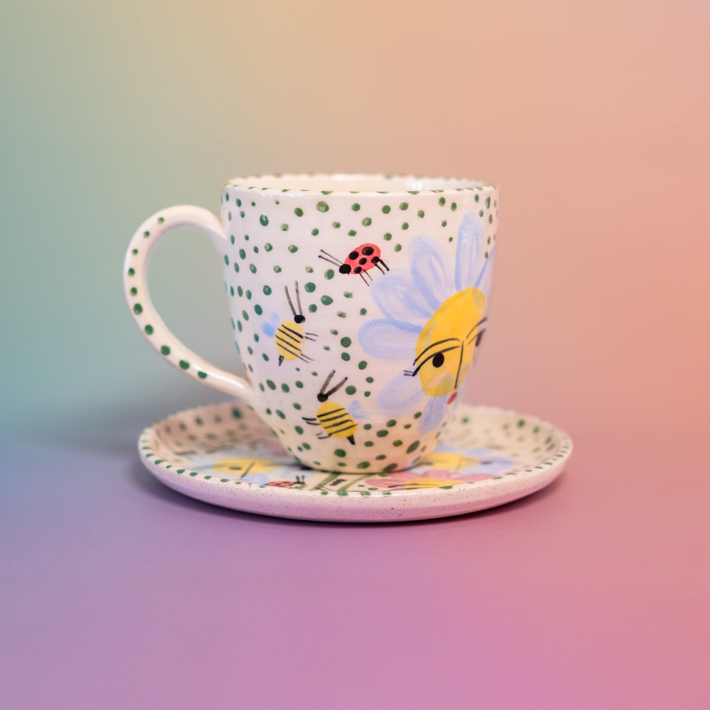 Taza con asa + platito Flores - abejas - puntos