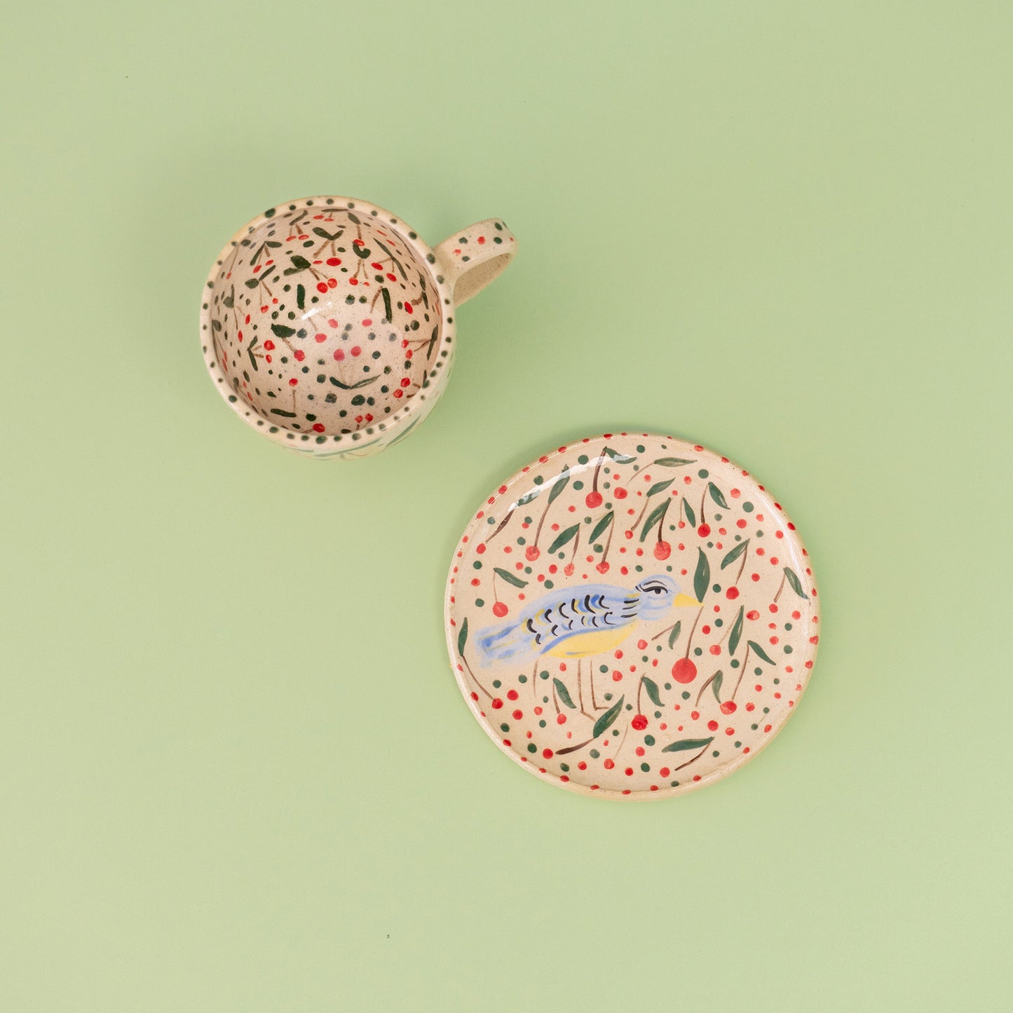 Set taza con asa "Muchas cerezas y un pájarito"