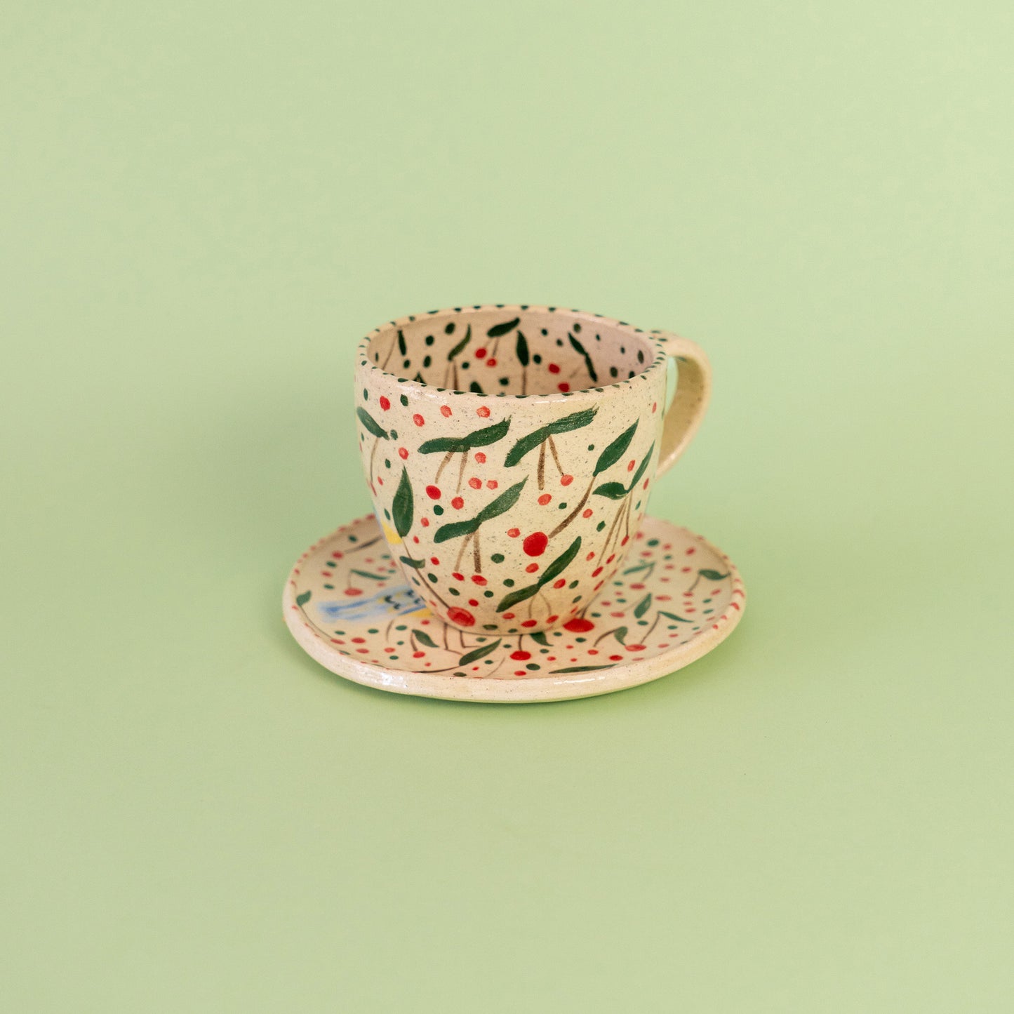 Set taza con asa "Muchas cerezas y un pájarito"