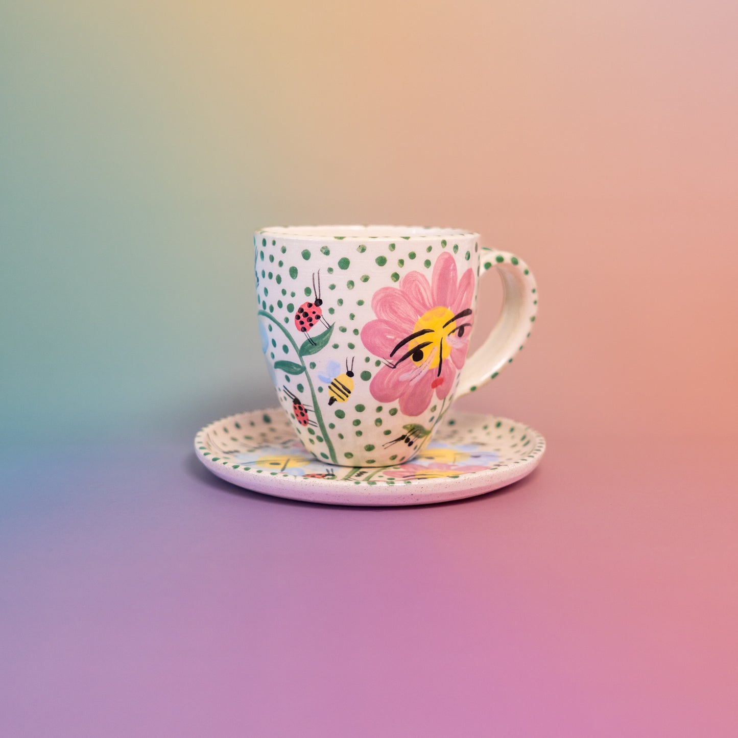 Taza con asa + platito Flores - abejas - puntos