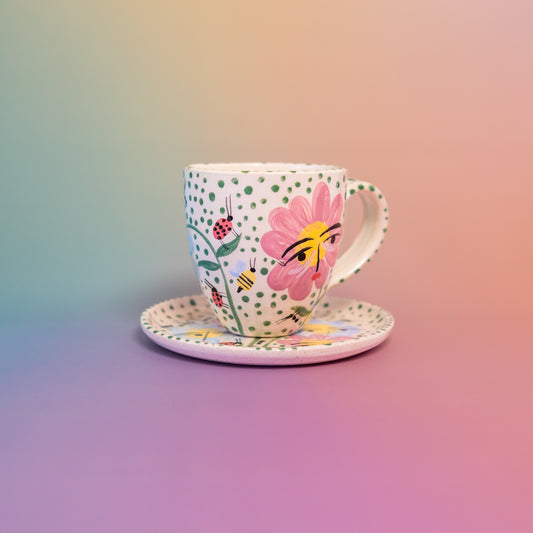 Taza con asa + platito Flores - abejas - puntos