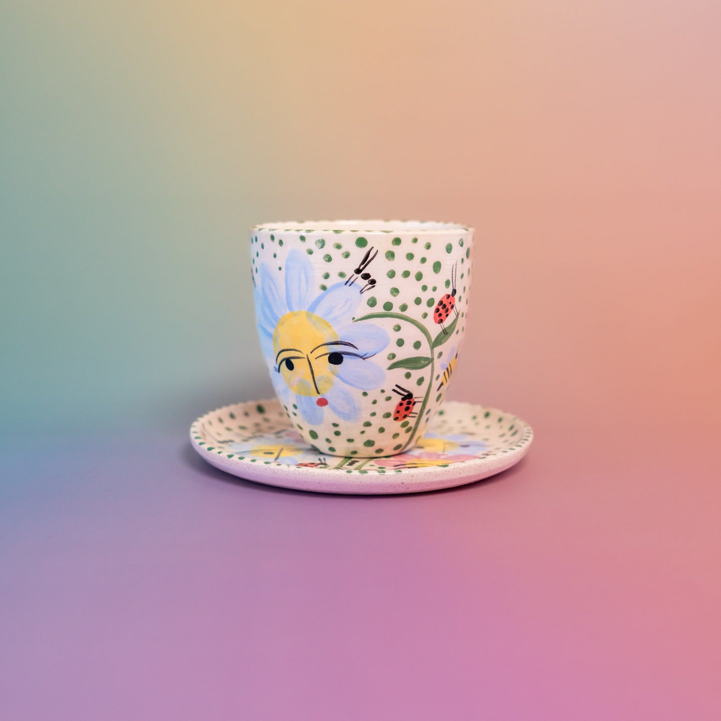 Taza con asa + platito Flores - abejas - puntos