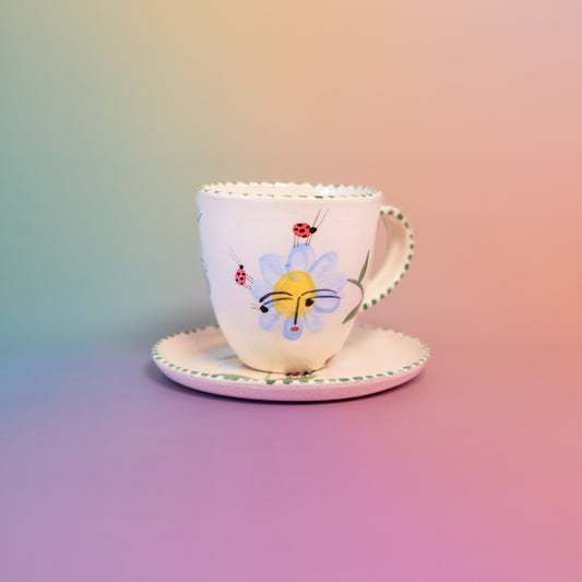 Taza con asa + platito Flores azules