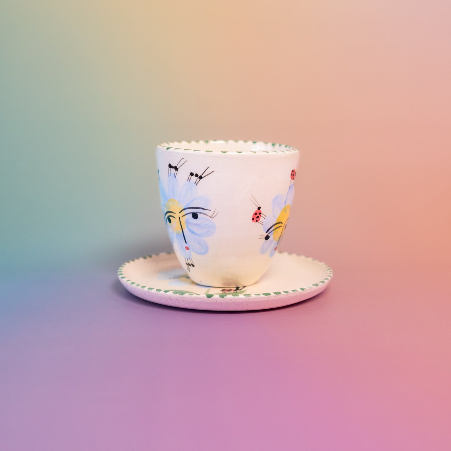 Taza con asa + platito Flores azules