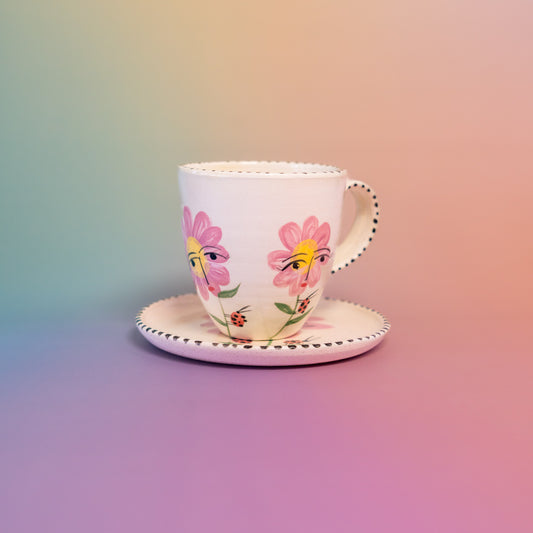 Taza con asa + platito Flores rosadas