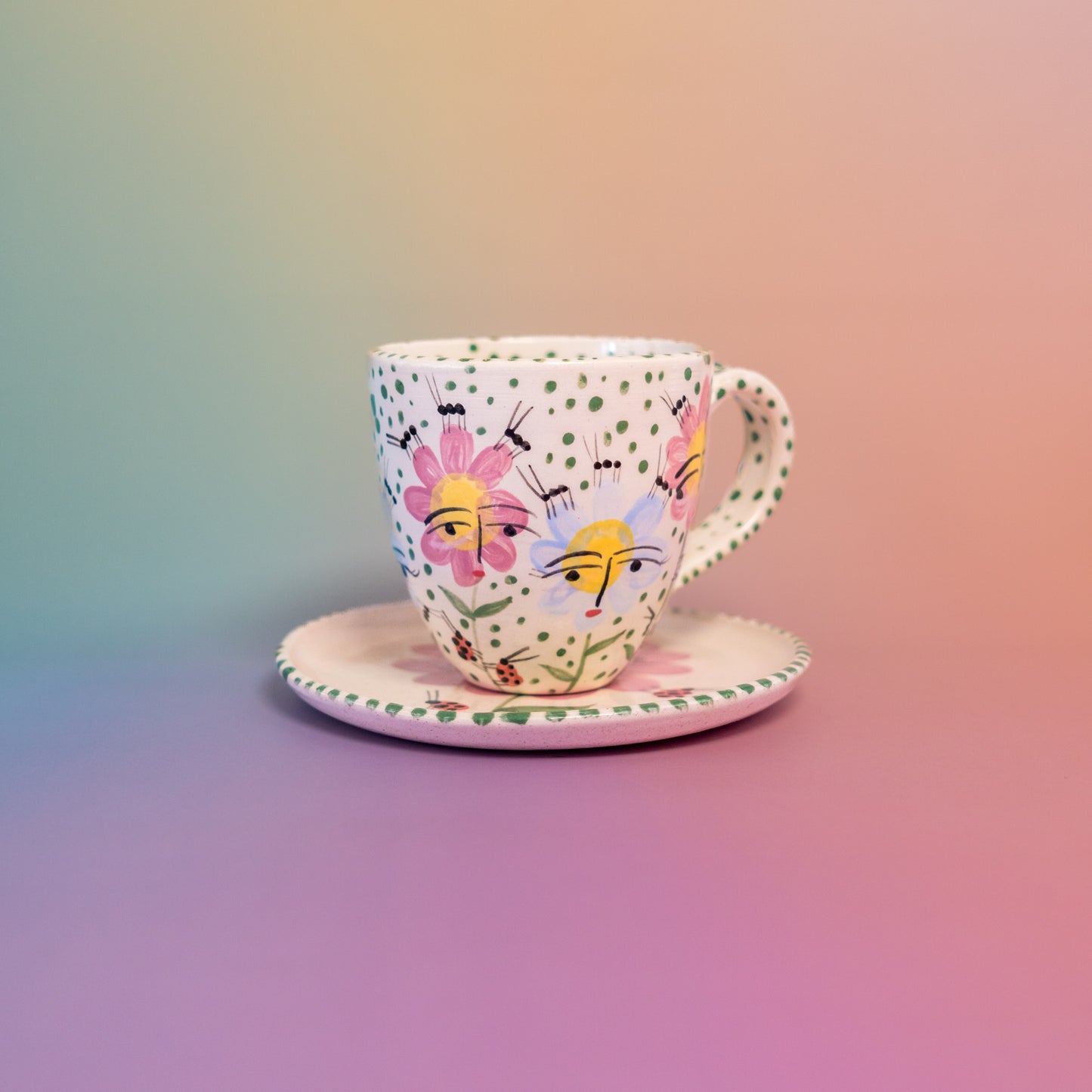 Set of cups with handles "Pink flowers + green well"