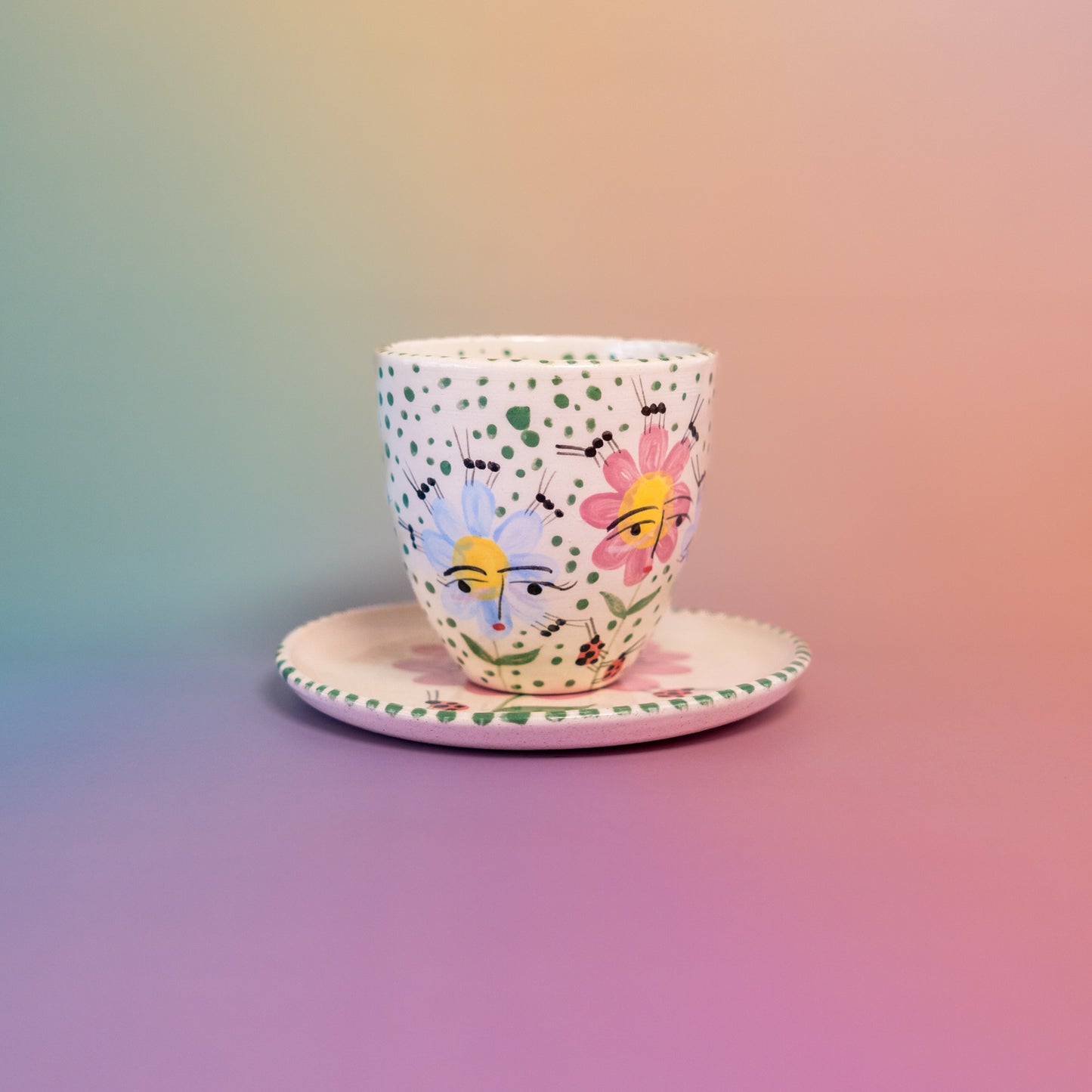 Set of cups with handles "Pink flowers + green well"
