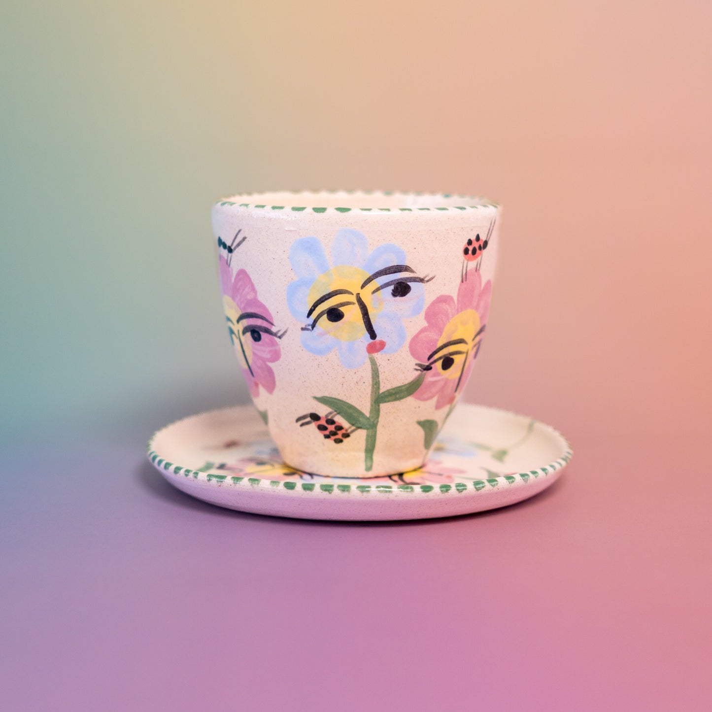 Taza sin asa + platito Flores amigas