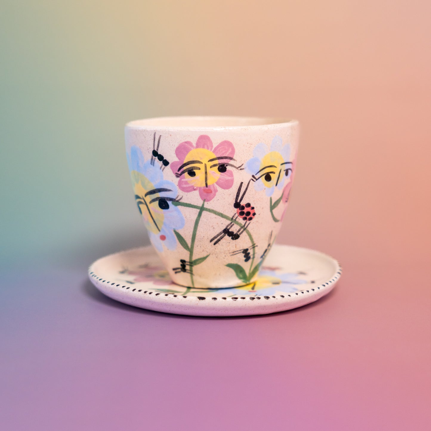 Taza sin asa + platito Flores enredadas