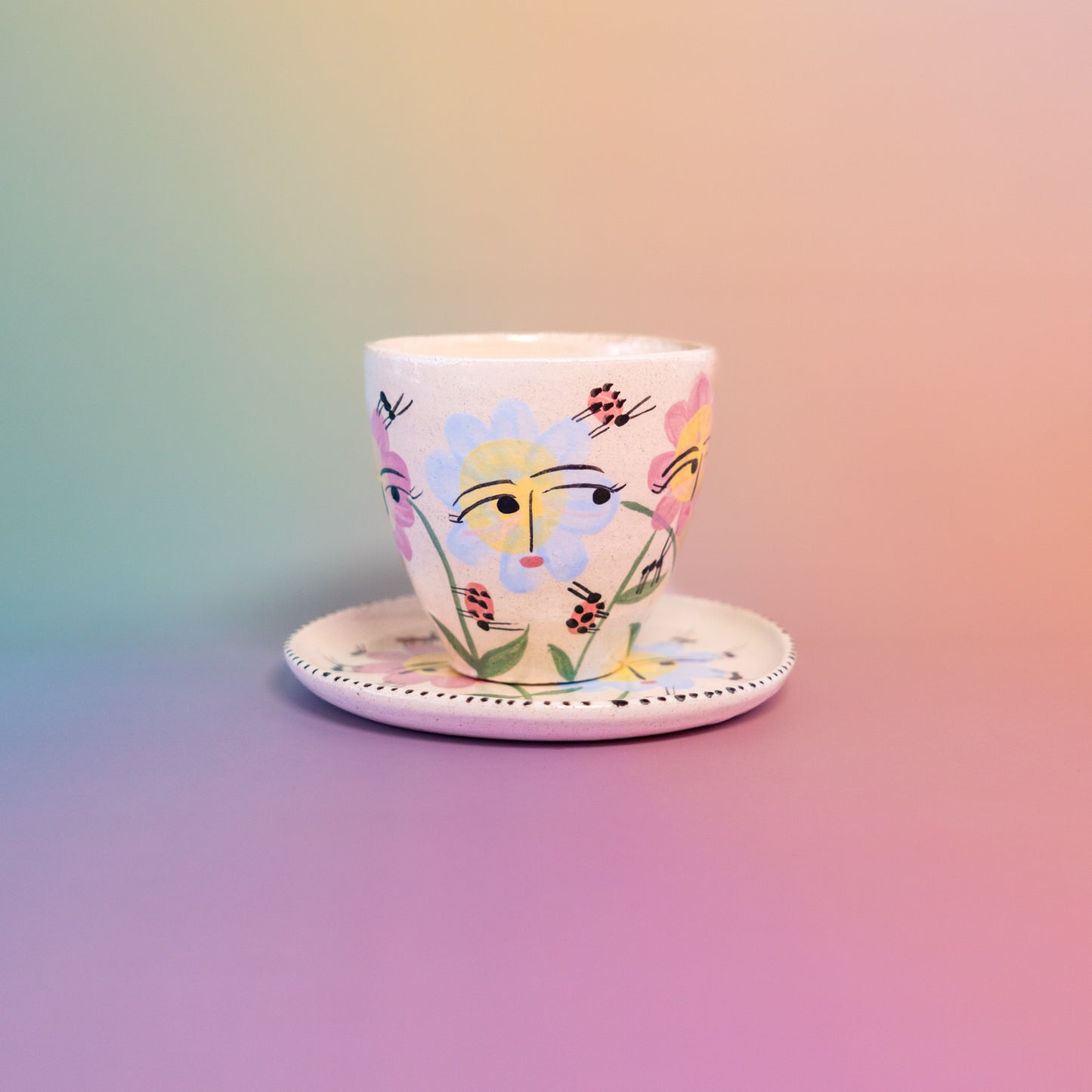 Taza sin asa + platito Flores enredadas